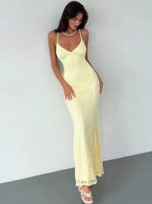 Aloruh 女士优雅性感纯色蕾丝露背吊带连衣裙，夏季 - 黃色 - 查看 7