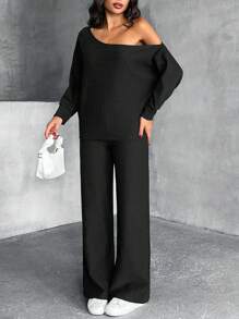 EURMUSE 女士，秋季，两件套，运动衫，裤子，奥斯曼面料，落肩运动衫，半袖，短款长度，长裤，松紧腰带 - 藏蓝色 - 查看 4