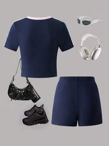 Outfit casual per ragazze pre-adolescenti con maglietta a maniche corte scollo a V con stampa di lettere e pantaloncini - Blu - Visualizzare 2