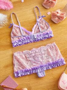 FairyFlirt مجموعة ملابس داخلية نسائية مزينة بالزهور والدانتيل والفيونكة والكشكشة - ارجواني - مشاهدة 2