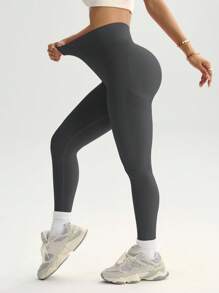 Gameset SHEIN Sport Nahtlose Yoga-Leggings mit breitem Bund und Po-Raffung, Fitnesshose für Chinesisches Neujahrsfest
