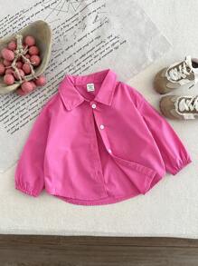 SHEIN Baby Girl Lovely Versatile Pink Collared Long Sleeve Shirt, Autumn/Winter - Hot Pink - View 2