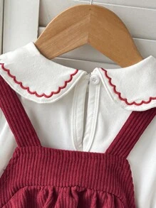 SHEIN 1pc Girls' French Retro Cherry Embroidery Pinafore Dress + Long Sleeve Shirt Underlay, Suitable For Daily Wear And Photography, Autumn Burgundy Dress For Baby Girl Baby Girl Christmas Outfit Cherry Toddler Outfit Corduroy Jumper Dress Baby Girl Toddler Corduroy Dress - Red - View 4