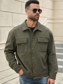 Manfinity Homme Plus Size Men's Solid Color Long Sleeve Single-Breasted Corduroy Casual Versatile Jacket, Fall/Winter - Army Green - View 5