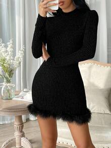 Firerie Vestido elegante de mujer de unicolor, con cuello alto, manga larga y ribete de piel sintética ajustado