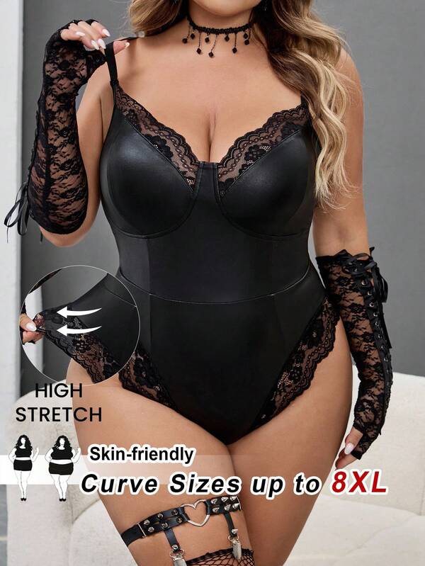 SHEIN CURVE+ Plus Size Women Punk Sexy Lace Bodysuit, Elegant Bodysuit For Halloween/Autumn /Winter