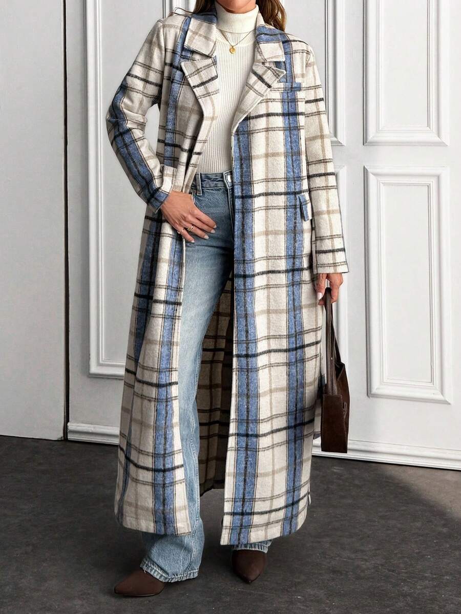 EURMUSE Plaid Texture, Open Front, Belted, Cashmere Overcoats - Multicolor - View 1