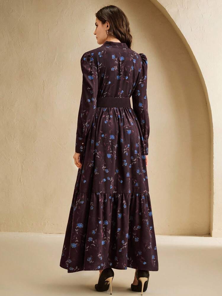 Anewsta Váy buộc eo họa tiết hoa thanh lịch hiện đại dành cho nữ, hàng mới về mùa thu/đông - Màu đỏ tím - Xem 2