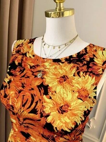 Celure Halloween Plus Size Women's Elegant Printed Pleated Midi Dress, Sleeveless, Suitable For Daily Wear In Summer Sunflower Dress Vintage Dress Van Gogh Dress Floral Dress Autumn Dress