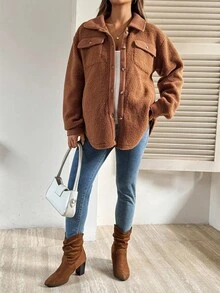 SHEIN Fall Clothes,Autumn Clothes,Maternity Autumn/Winter Clothes Maternity Casual Versatile Regular Jacket, Autumn/Winter - Brown - View 4