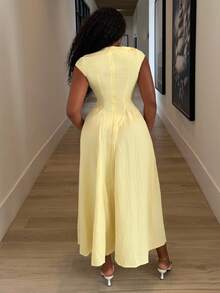 Alexandranx 女士优雅日常时尚新款度假灯笼袖收腰 A 字中长连衣裙，黄色 - 淡黃色 - 查看 3