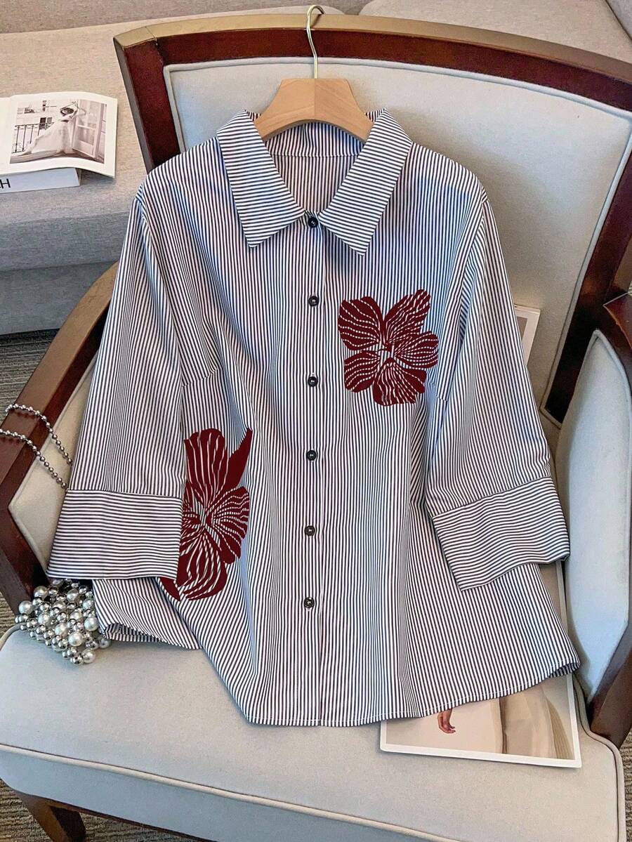 SHEIN Clasi Plus Size Casual & Commute Striped Floral Print Shirt - Red - View 1