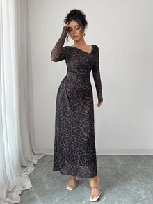 Elenzga Vestido casual y de moda con estampado de leopardo y cuello asimétrico para mujer