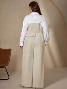 Chikora Plus Size Elegant White Autumn Office Commuter Patchwork Shirt & Wide Leg Linen Pants 2 Pieces Set,Women Linen Vest Outfit Pants Suit Outfits - Multicolor - View 3