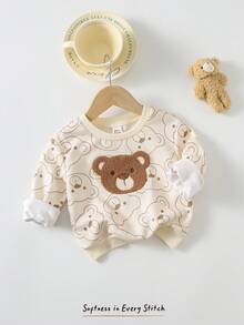 Cozy Pixies Maglia a girocollo in maglia morbida con stampa di orsetti cartoni animati, manica lunga, per bambina