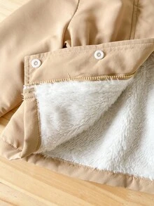 SHEIN Newborn Baby Girl/Boy Casual Versatile Hooded Padded Mid-Length Jacket With Faux Pockets, Autumn/Winter Fall Neutral - Apricot - View 5