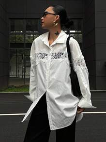 DAZY Blusa elegante de manga larga con botones frontales y bordado floral para mujeres - Blanco - Ver 9