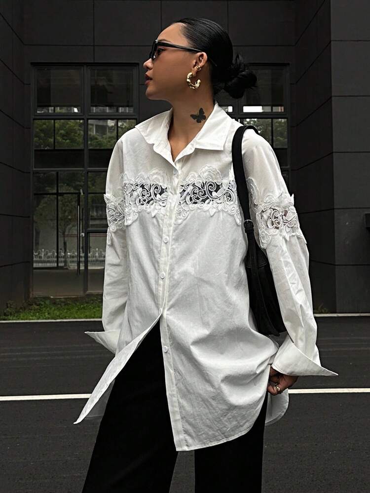 Women's Floral Embroidered Front Button Long Sleeve Elegant Blouse