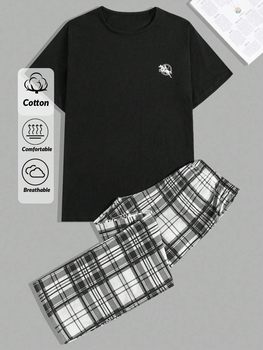 SHEIN Cottnline Cotton Men's Comfortable Casual Small Logo Print T-Shirt And Plaid Pants Pajama Set - Black - View 1