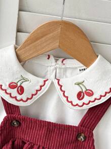 SHEIN 1pc Girls' French Retro Cherry Embroidery Pinafore Dress + Long Sleeve Shirt Underlay, Suitable For Daily Wear And Photography, Autumn Burgundy Dress For Baby Girl Baby Girl Christmas Outfit Cherry Toddler Outfit Corduroy Jumper Dress Baby Girl Toddler Corduroy Dress - Red - View 3