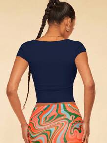 SHEIN BAE Square Neck Ruched Side Crop Tee - Navy Blue - View 2