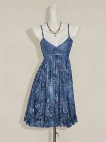 SHEIN ICON Vestido casual de vacaciones con estampado de paisley, de corte holgado, con tirantes de espagueti y malla, en estilo vintage bohemio hippie Y2K - Azul - Ver 5