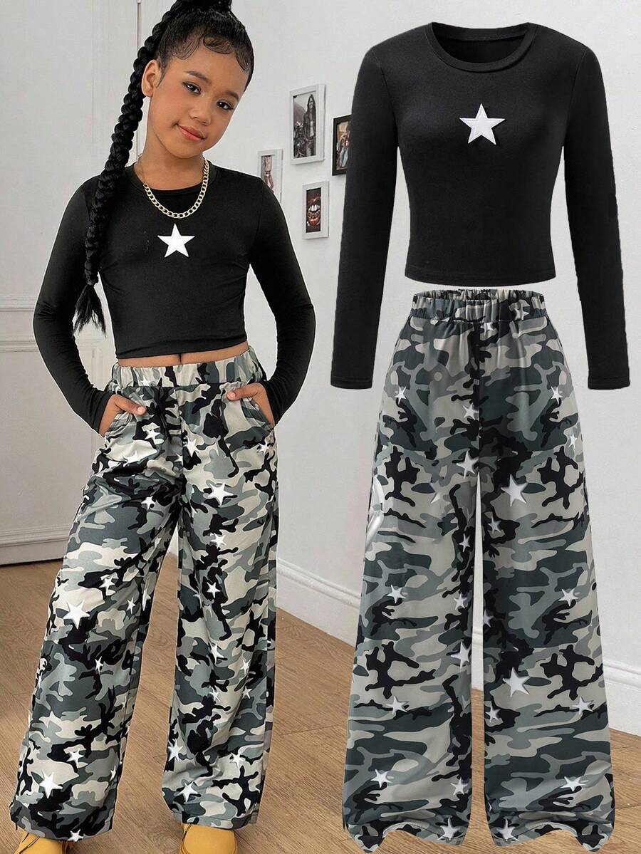 Sparklyn Set de 2 piezas: Camiseta de manga larga de cuello redondo rosa casual + Pantalones rosas de camuflaje para niñas, conjunto de moda callejera - Multicolor - Ver 1