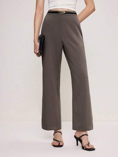 BizChic 2025 Autumn/Winter New Brown Side Pocket Women's Suit Pants, Modern Elegant Urban Business Casual Office Wear, Suitable For Dates, Parties, Outings, Airport, Romantic Country Music Concerts, Old Money Style, Korean Airport Fashion, Wedding Guest, Birthday, Halloween, Christmas