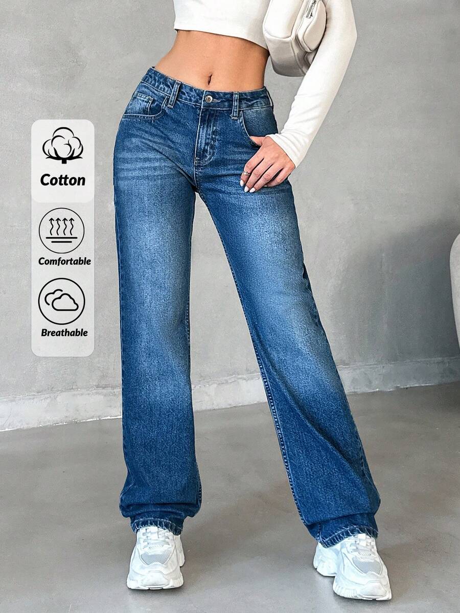 SHEIN Cottnline 100%Cotton Women's Straight Leg Jeans - Blue - View 1