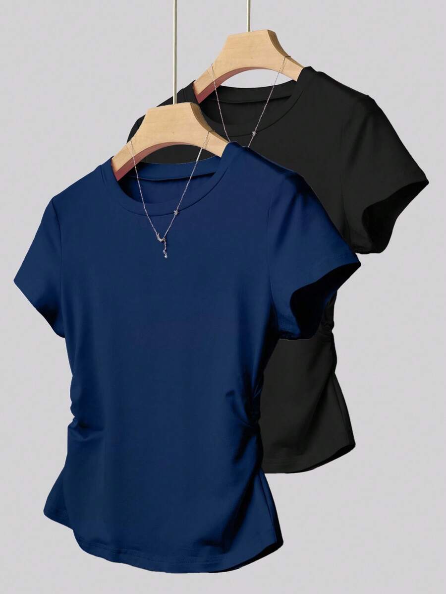 INAWLY Women's Fashion Versatile Ruched Waist Fitted 2 Pieces T-Shirt Set - Navy Blue - View 1