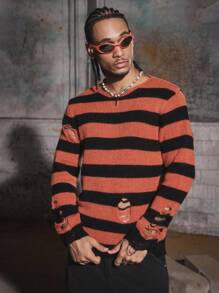 PAVTROS Manfinity Streetrush 男式条纹做旧圆领宽松休闲毛衣，秋冬 - 彩色 - 查看 4