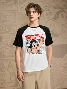 Astro Boy X SHEIN Men's Casual Cartoon Pattern Contrast Color Raglan Sleeve T-Shirt, Summer - White - View 4