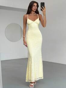 Aloruh 女士优雅性感纯色蕾丝露背吊带连衣裙，夏季 - 黃色 - 查看 8