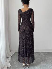 Elenzga Vestido casual y de moda con estampado de leopardo y cuello asimétrico para mujer