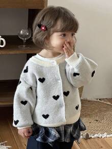 DAZY Baby Girls' Round Neck All-Over Heart Print Cute Long Sleeve Cardigan Fall/Winter - White - View 3