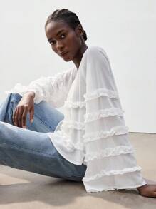 Maija Casual Elegant V-Neck Loose Ruffle Flare Sleeve White Blouse, Suitable For Spring, Summer Vacation, Music Festival, Party, Vacation - White - View 2