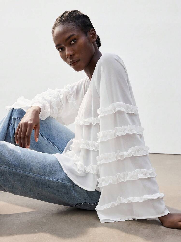 SHEIN Maija カジュアルエレガントVネック ルーズ フリル フレア袖 白ブラウス、春夏のバカンス、ミュージックフェス、パーティー、旅行に適しています