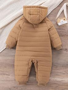SHEIN Baby Boy Infant Toddler 0-3 Years Old Winter New Thickened Fleece Bear Embroidered Romper, Plush Bear Ear Jumpsuit, Autumn/Winter Outerwear Fall - Khaki - View 2
