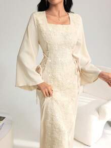 Yasmyna Vestido de mujer con cuello cuadrado elegante, parches y bordados en la cintura con lazo, para primavera/verano