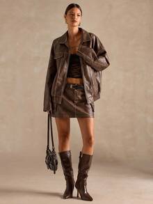 SHEIN BAE Chaqueta casual y oversize de unicolor para mujer para otoño/invierno, chaqueta de invierno para mujer, chaqueta burdeos, abrigos, chaqueta de PU casual, chaqueta oversize lavado premium marrón con detalle de costura