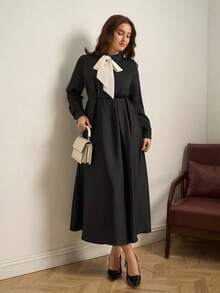 SHEIN Clasi Plus Size Women Acetate Satin Texture Black Dress,Autumn Elegant Formal Evening Tea Party Outfits,Modest French Style Business Professional Work Wear - Black and White - View 4