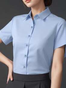 INAWLY Blus Wanita Lengan Pendek Kasual Sederhana Warna Polos - Baby Blue - View 3