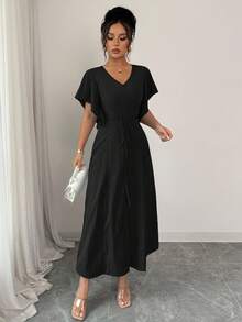 Elenzga Váy dài vừa phải dáng chữ A cổ chữ V thanh lịch, giản dị dành cho nữ, có nút cài, tay loe, thích hợp cho tiệc trà, kỳ nghỉ, đi làm, mùa xuân/hè - màu đen - Xem 6