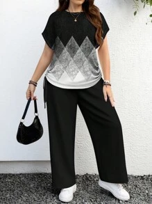 EMERY ROSE 2 件套休闲简约菱形渐变黑白印花加大码套装，适合夏季 - 彩色 - 查看 5