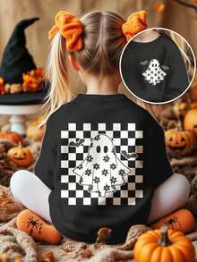 SHEIN 复古黑色，可爱奶油格子鬼，花卉，蝙蝠印花休闲宽松圆领舒适针织长袖运动衫，适合秋冬季，万圣节南瓜 - 彩色 - 查看 4