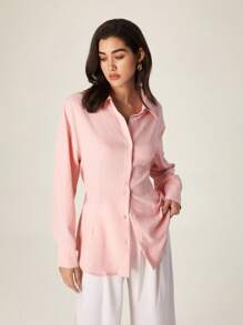 Graceveil قميص نسائي بتصميم خصر مربوط بالدانتيل وأكمام طويلة ضيق المقاس باللون الوردي - وردي - مشاهدة 7