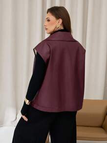 Auralis 大码女装秋冬时尚休闲宽松舒适日常百搭红色PU皮背心外套，休闲、秋季、西式、返校、Y2K、街头风 - 酒紅色 - 查看 2