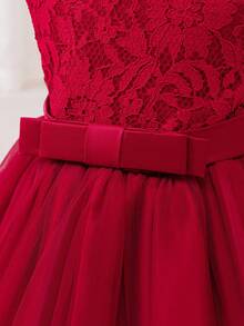 Glamorique Kids 女婴优雅蕾丝撞色网眼蝴蝶结装饰公主裙 - 酒紅色 - 查看 6