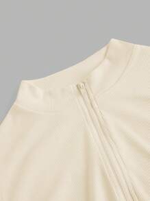 SHEIN EZwear 2 件女式黑色和杏色拉链高领紧身连体衣套装，休闲长袖，适合秋冬季 - 彩色 - 查看 11