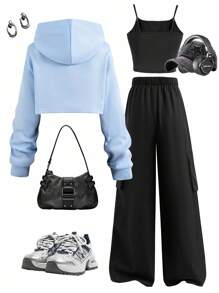 Sparklyn 3 件套青少年女孩秋冬蓝色蝴蝶结装饰短款连帽运动衫、可调节吊带上衣和休闲黑色口袋裤，舒适百搭套装，家庭和姐妹装，演唱会服装 - 彩色 - 查看 2